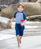 T-shirt maillot de bain anti uv manches courtes bleu et rouge avec rayures style marin Deauville, protection solaire UPF50+ pour bébé et enfant garçon