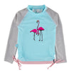 T-shirt Maillot de bain gris et bleu anti uv "Flamingo" avec deux flamants roses pour bébé et enfant fille avec protection solaire UPF50+