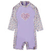 Combinaison body maillot de bain anti uv mauve bébé et enfant fille "Petit coeur" protection solaire UPF 50+ avec motif liberty
