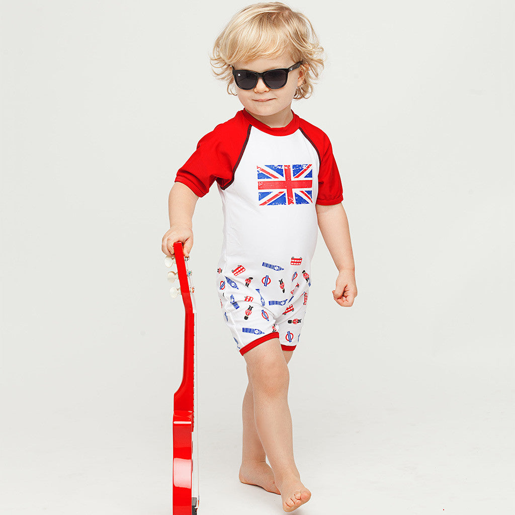 Combinaison body maillot de bain anti uv bébé et enfant garçon I love London protection solaire UPF 50+